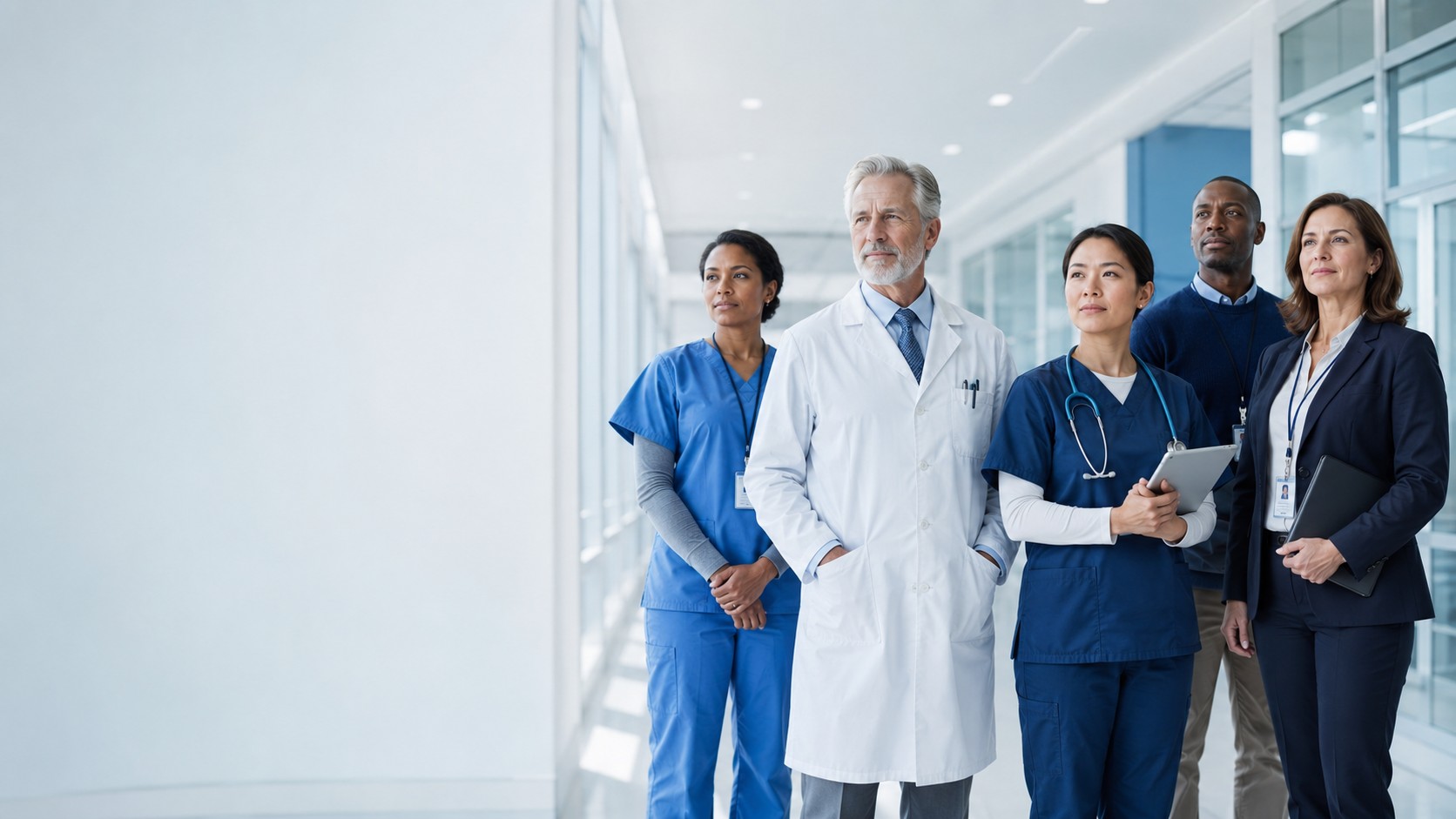 Sterling Medical clinicians — a physician, two nurses in scrubs, and team members in a hospital corridor